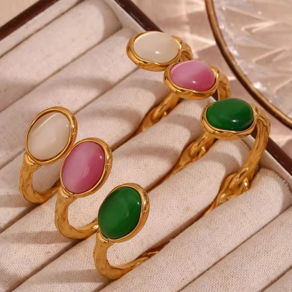 Pink Agate 18K Gold Stainless Steel Waterproof Cuff Bracelet - Picture 4 of 6